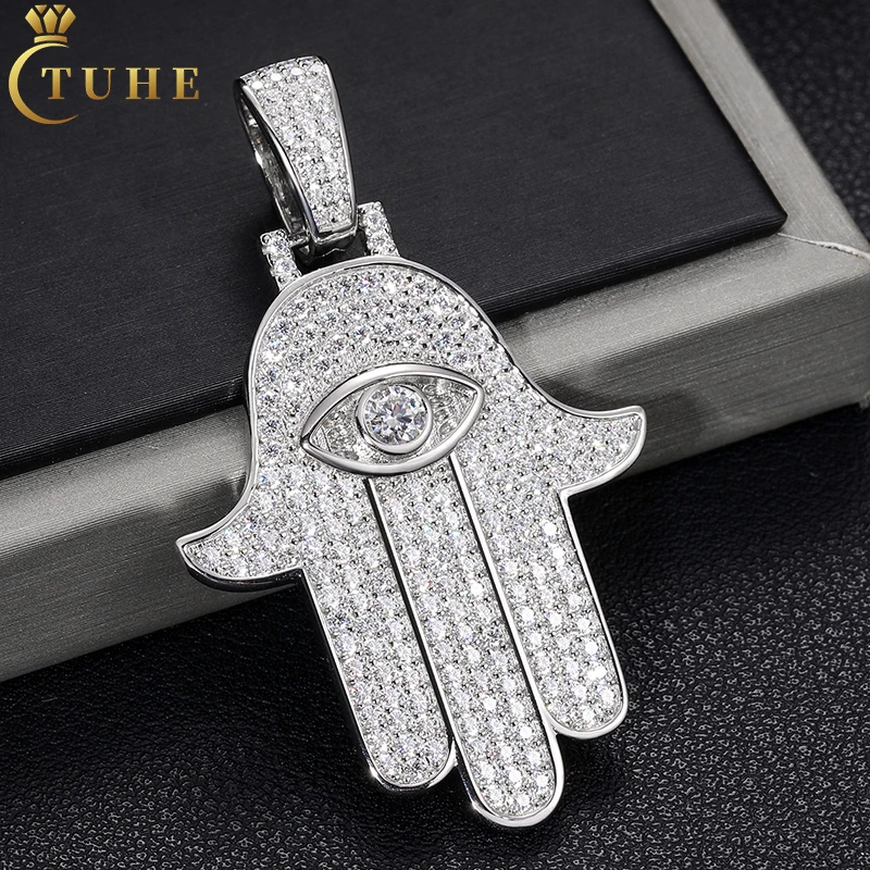 In Stock Dropshipping Hip Hop Jewelry 925 Sterling Silver VVS Moissanite Diamond Iced Out Hamsa Hand Pendant For Men Women