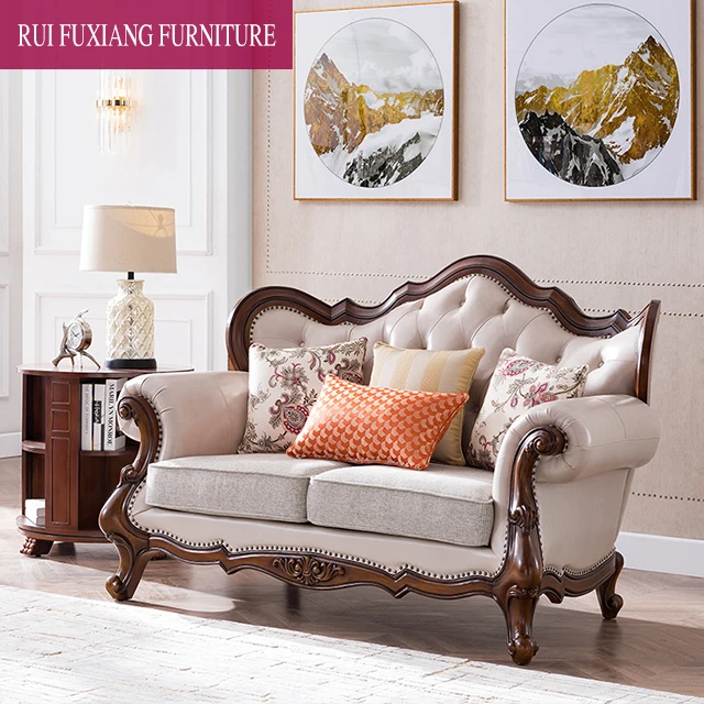 N351 American Classical Style Wedding Sofa Solid Wood Leather Sofa Set