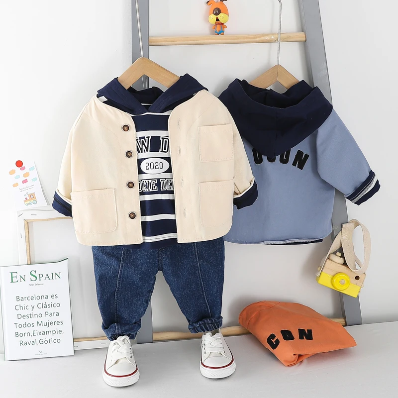 
New Design 2020 Spring Baby Girl Letter Stripe Hat Casual Three Pieces Set Kids Boy coat 