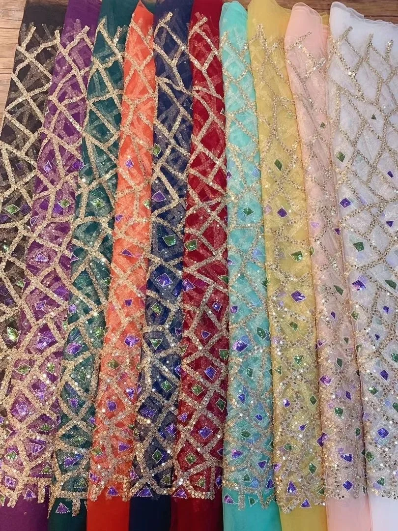 100% Polyester Beaded Lace Fabric Sequins Embroidery Beads sequins fabric and beads fabric