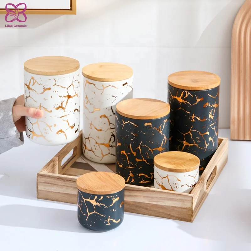Marble Gold Ceramic Storage Sealed Bottle Tank with Bamboo Lid Food Storage Jar Pot Snack Holder Canister for Home Supplies