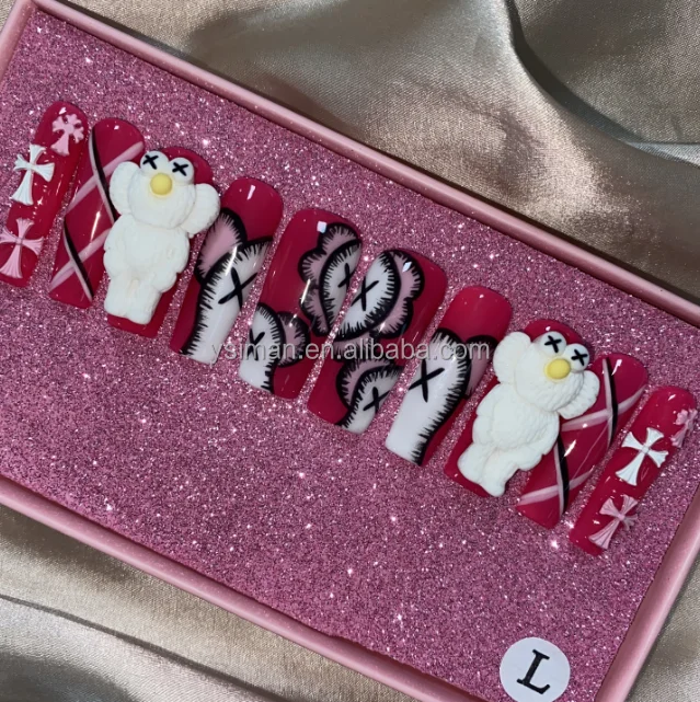 Red big heart Nails supplier Press On Nails New Fashion Design Custom Middle Oval Black French White Butterfly  ABS Acryl