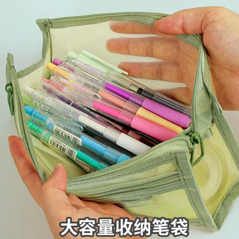 Large Capacity Double-Layer Transparent Nylon Mesh Zipper Pouch Stereoscopic Pencil Case For School Student Pencil Bag