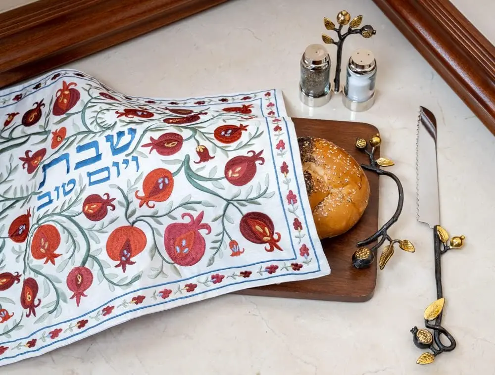 Linen Custom Embroidery Challah Bread Cover Jewish Judaica With Embroidered Pomegranate Vine