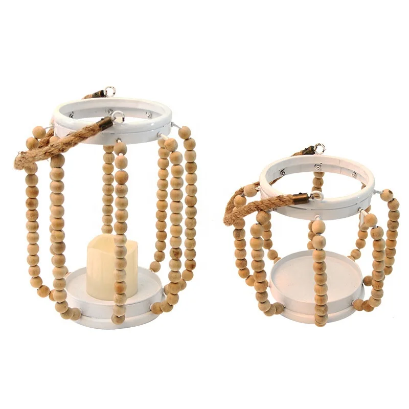 2 Pack Hanging Wood Beaded Lantern Set Vintage Rustic Farmhouse Decorative Metal Candle Lanterns with rope