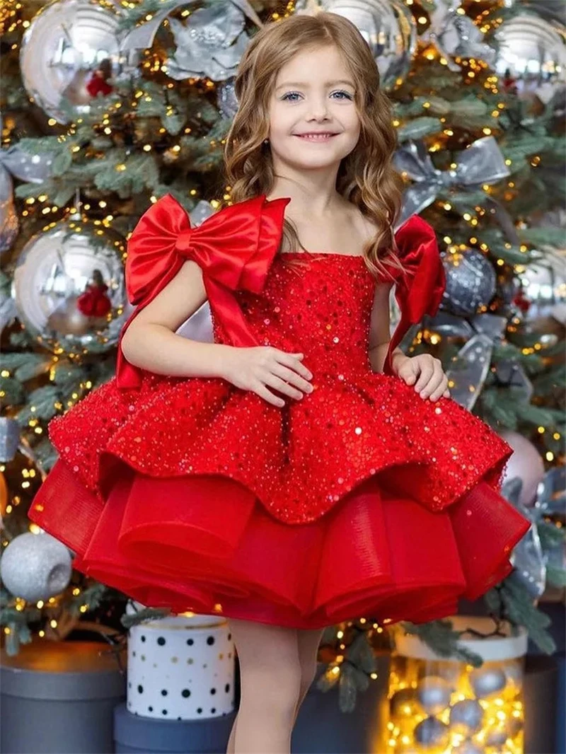 2024 Newest Children Christmas Party Prom Gown One Shoulder Bow Princess Sequin Puffy Dresses Baby Girls Ball Gown
