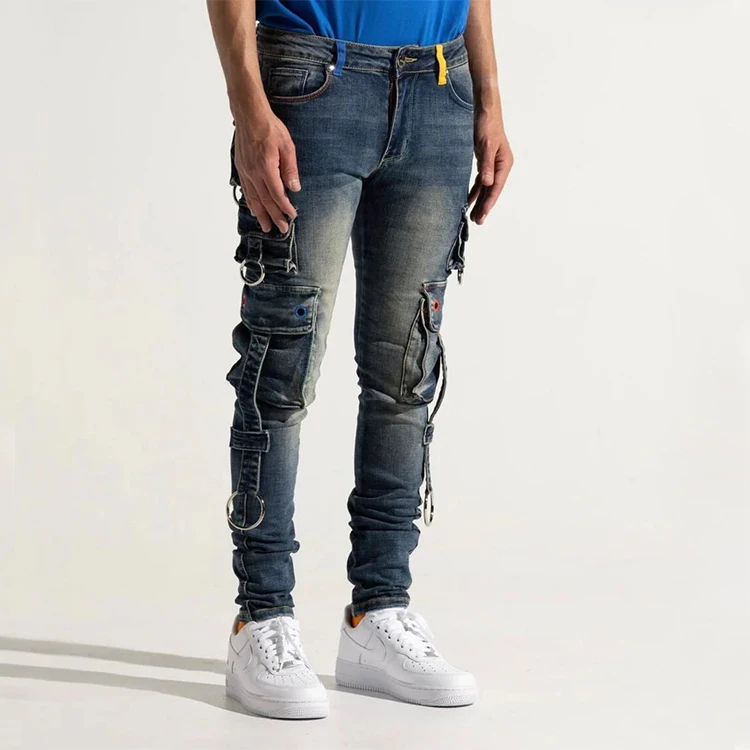 DiZNEW Men Custom Streetwear Manufacturer Multi Pocket Slim Fit Cargo Denim Pants Y2K Stacked Jeans