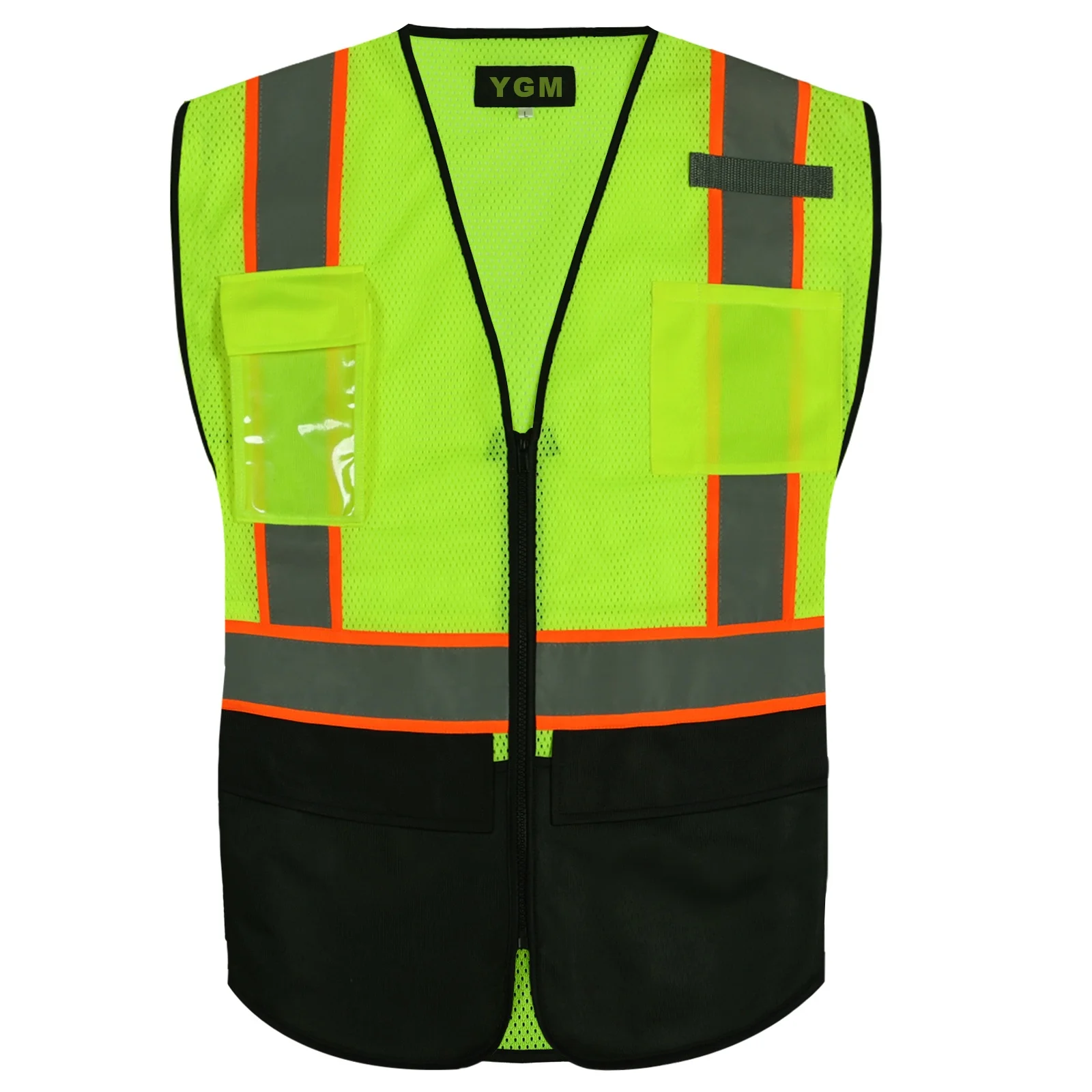 High Visibility Class 2 Work Vest Fluo Green Black Mesh Polyester Reflective Safety Vest Industrial Security Vest for Men Woman