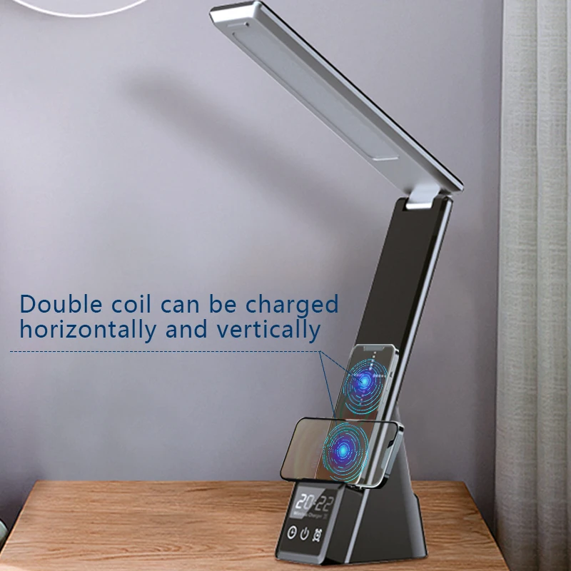 factory LED Desk Lamp 3 in 1 Multifunctional Table light 3 Level Fast Qi Wireless Charger Indoor Folding Reading Lamp With Clock