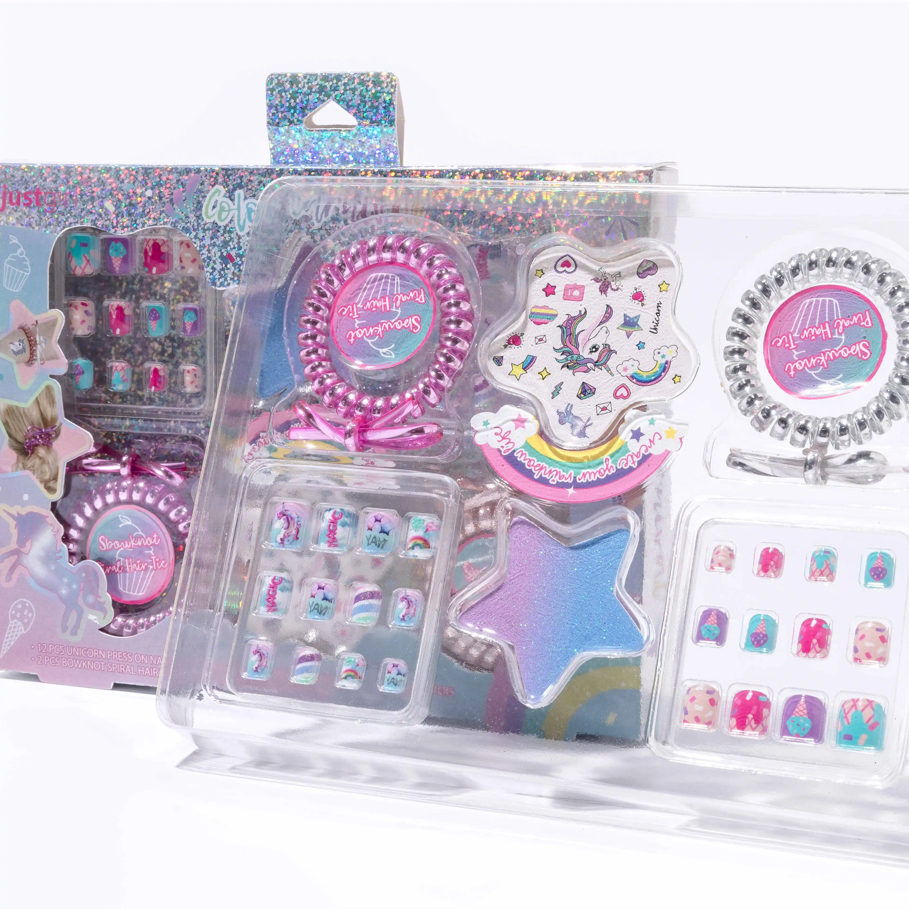 Заводская цена, индивидуальная голографическая коробка, детский набор для красоты ногтей, набор для искусственных ногтей для макияжа детей