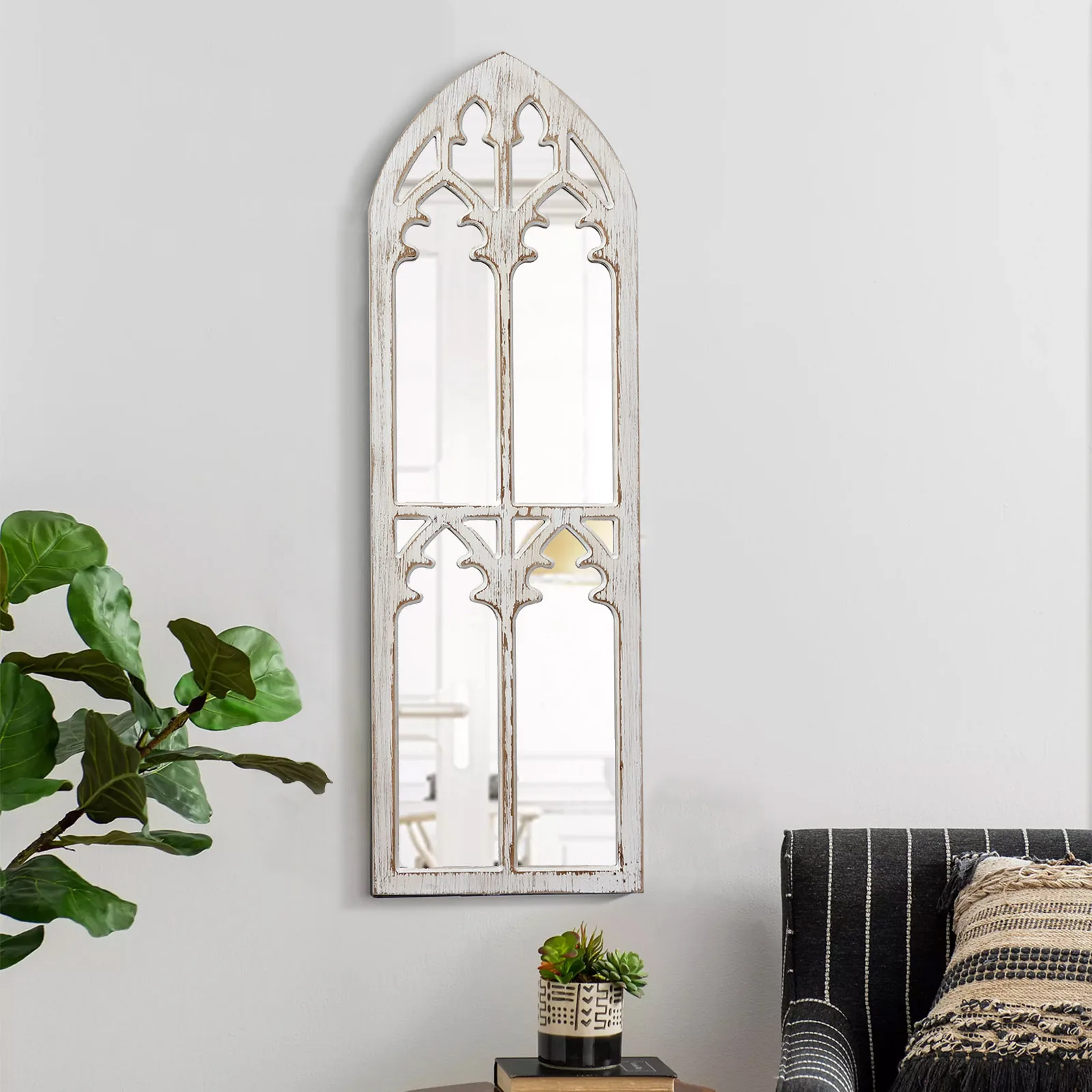 Farmhouse Handmade Gothic Arch Style Hanging Mirror Window Shape Decorative Wall Mounted Mirrors Rustic Wood Framed Mirror