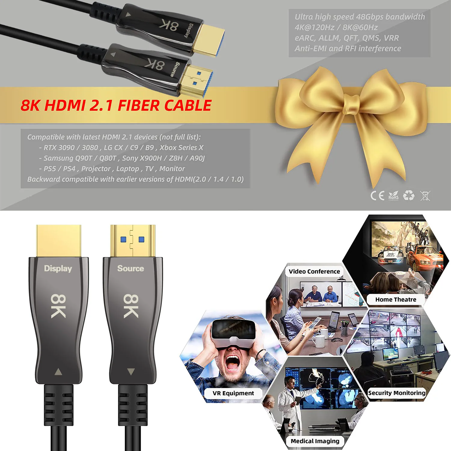 High quality gold plated long hdmi cable 25m 30m high speed hdmi fiber optic cable 8k 2.1 with Amplifier active 8k hdmi cable