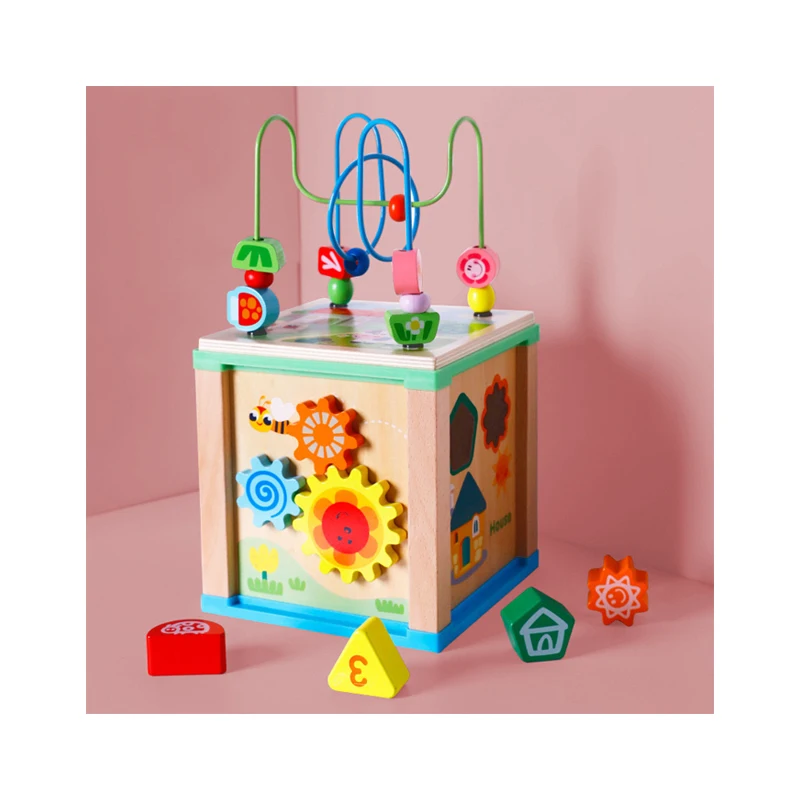 Wholesale Educational Wooden Multi-function activity toys bead maze Treasure Box Round Beads Cube Toys for kids