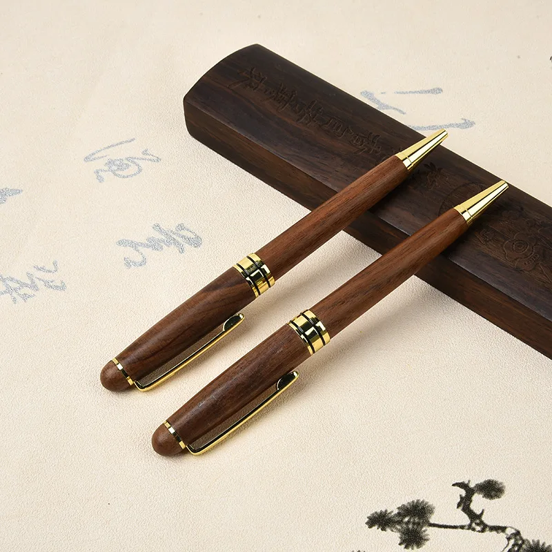 luxury Environmental Friendly Gift Twist Up Bamboo Stationery calligraphy Pen With Fishing Logo Walnut Wooden Ball Pen And Box