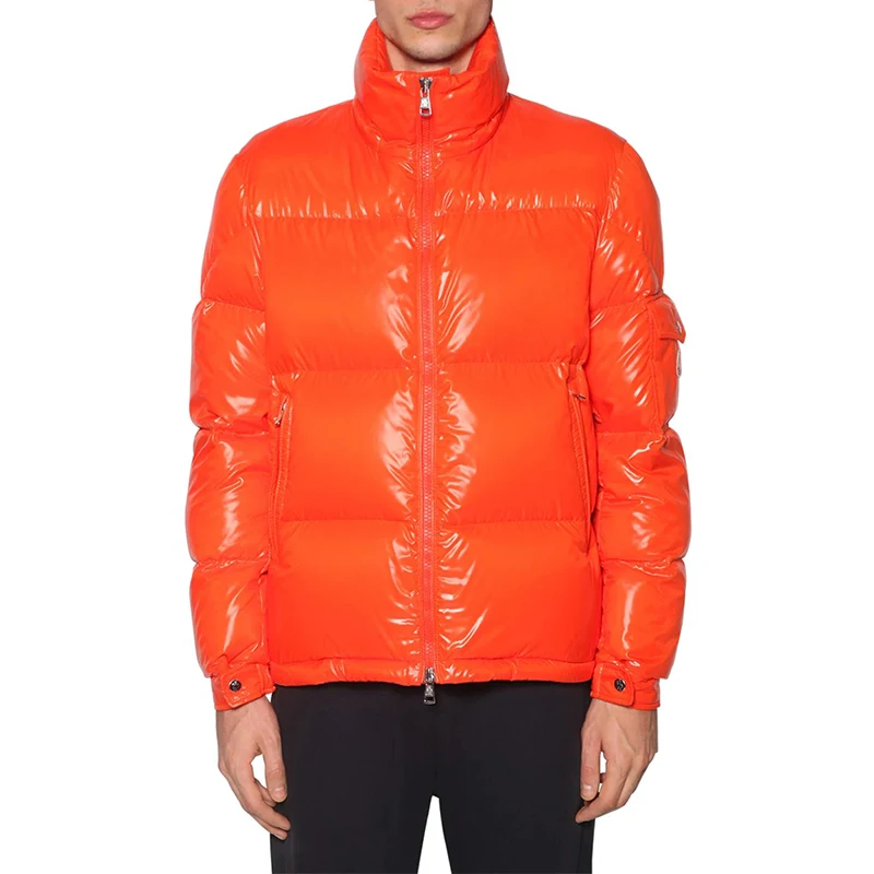 Men Winter Orange Shiny Cotton Down High Neck Puffer Jacket