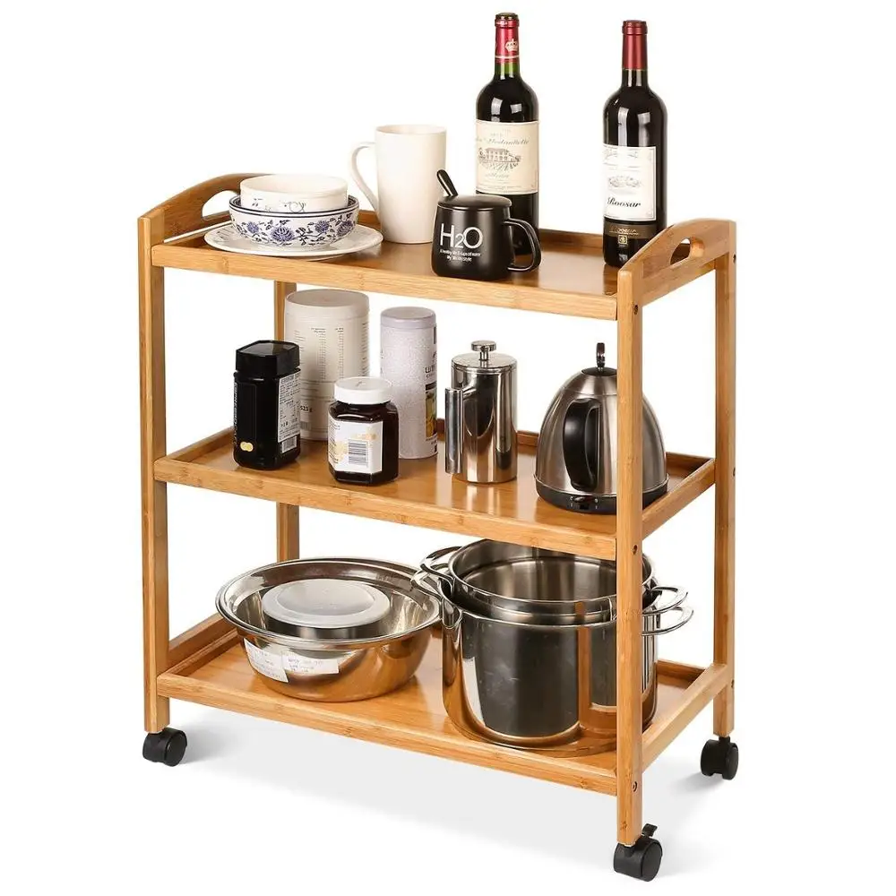 Custom 3 Tier Kitchen Storage Trolley Cart Movable Trolley Bamboo Kitchen Trolley with Wheel
