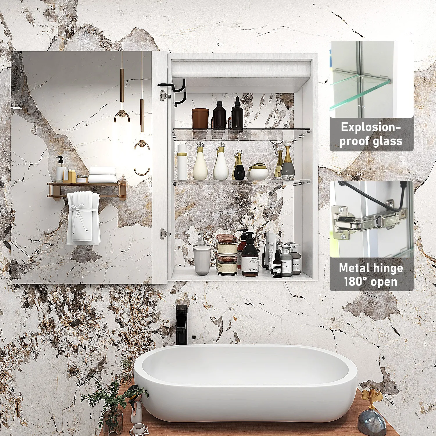 Floating bathroom vanity cabinet with led mirror new design with light medicine cabinet with socket