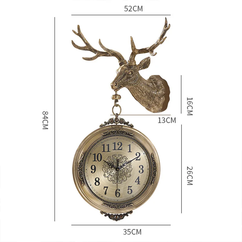 Home Decor Metal Crafts European Silent Wall Clock Brass Deer Head Wall Hanging Living Room American Clock Decoration Gift