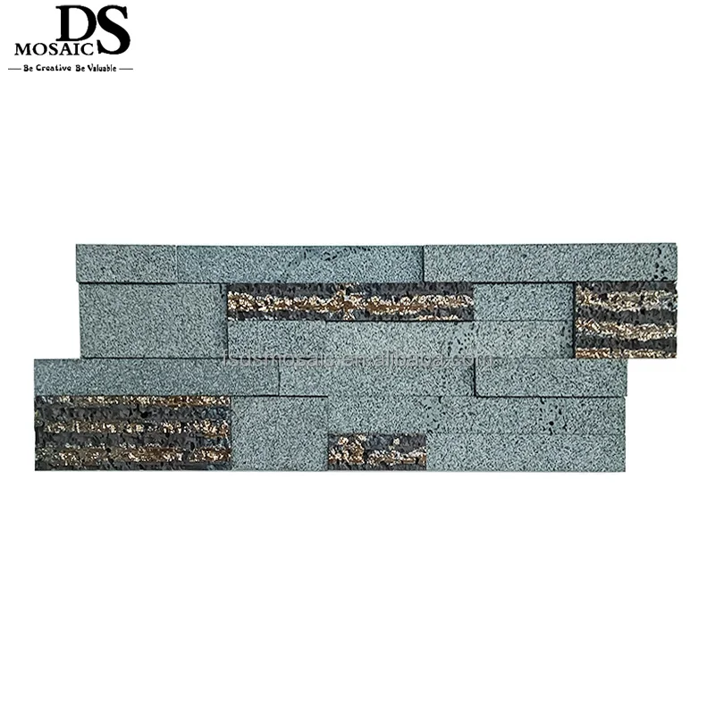 Formed Crack  Irregular Matte Surface Volcanic Stone Wall Tile with Gold Line Lava Stone Mosaic Tiles for Backsplash Floor