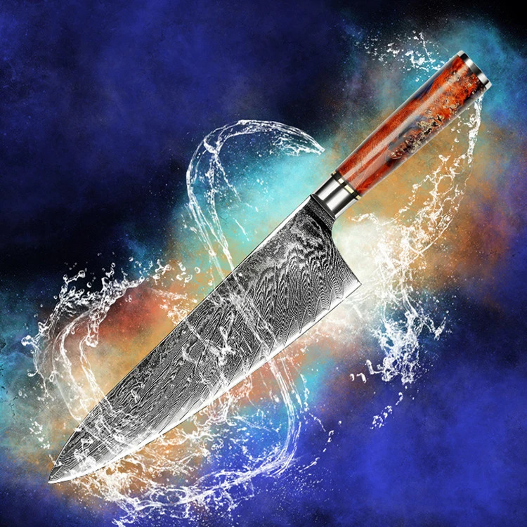 7.7 Inch Blade Damascus Chef Knife Set Luxurious Moroccan Design VG10 Steel Wood Handle Professional Kitchen Office Laser Logo