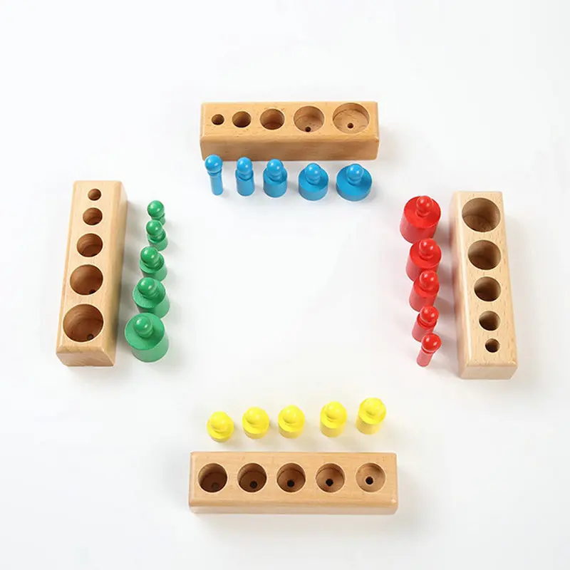 Wooden Cylinder Puzzle Set Montessori Knob Cylinders with Socket Kids Colorful Cylinder Ladder Blocks