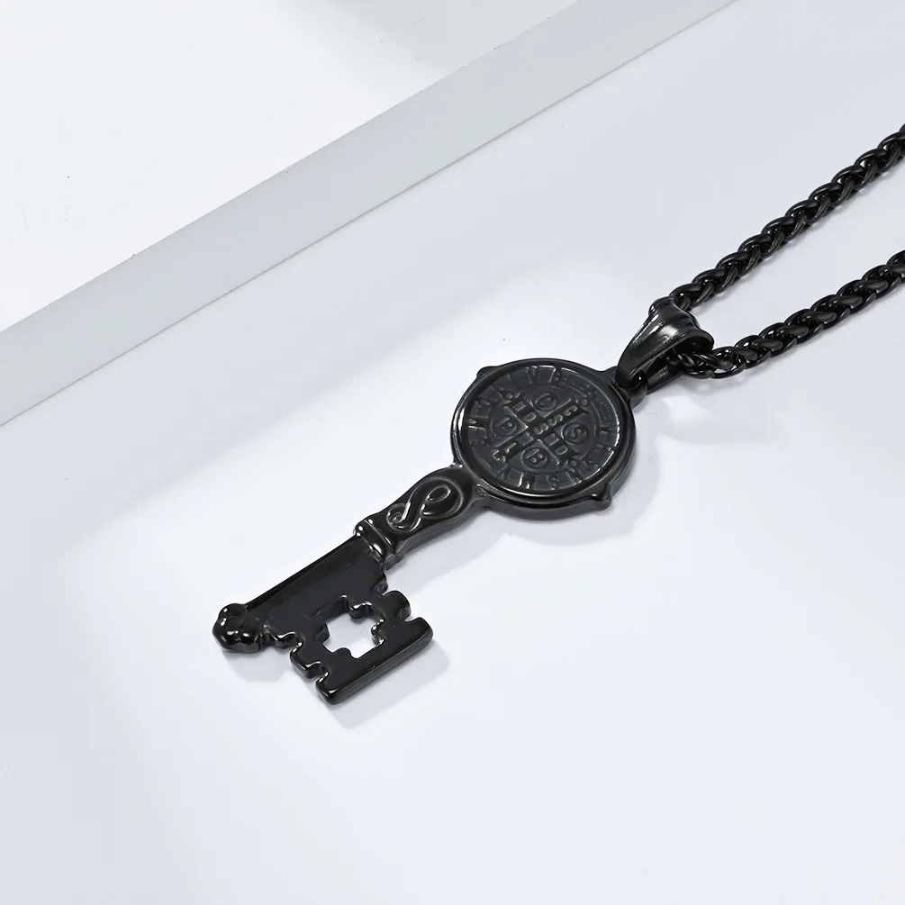 Christian Saint Benedict Key Design Pendants Necklace Stainless Steel Chain Fashion Jewelry Religious Necklace For Men Women