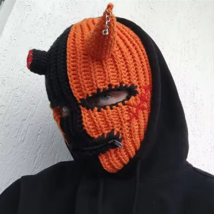 Hotsale highquality custom logo unisex winter breathable windproof woven knitted cow horn beanie hat balaclava mask for outdoor