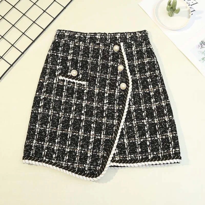 High Waist Slimming 2024 Buttons Skirts Double Breasted Wool Mini Skirt Tweed Skirts for Women