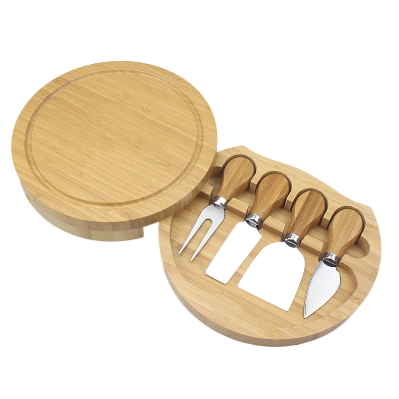 Low MOQ Classical Bamboo Round Square Cheese Cutting Board With Cutlery Set
