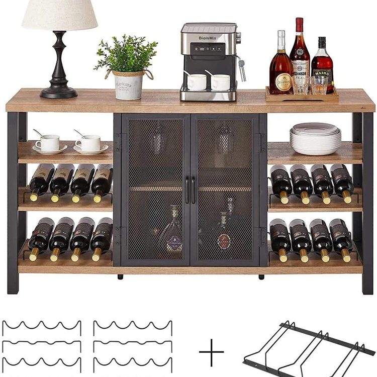 Industrial Style Wood Wine & Coffee Bar Cabinet Sideboard Table Set for Dining Living Room Bedroom Use