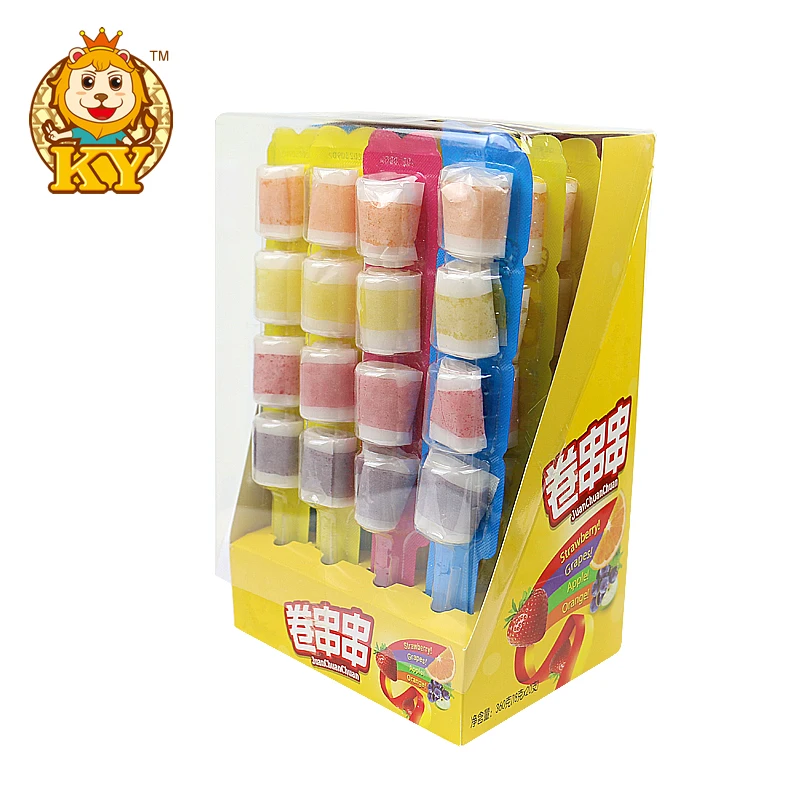 China wholesale fruit juice rainbow sour gummy candy roll soft candy