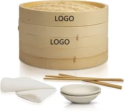 Bambus Pot Reusable Momo Kitchen 2 Tiers Package Tasty Bao Buns Commercial Dumpling Bamboo Steamer Set With Cotton Liners