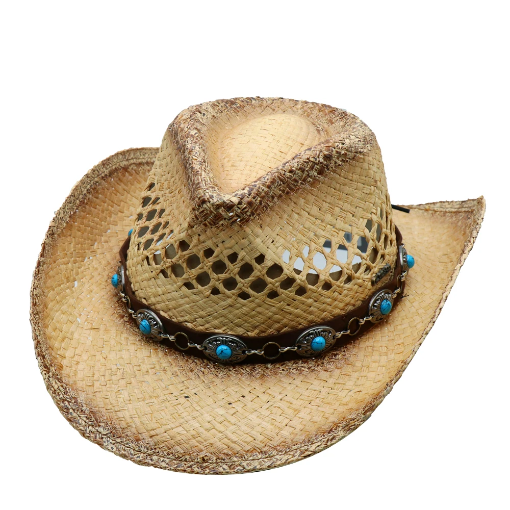 Outdoor Beach Sun Protection Western Style Straw Cowboy Hat Empty Top Straw Hat Visor Hat