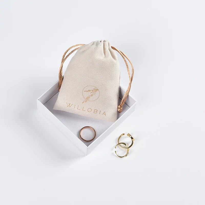 luxury faux suede jewelry drawstring pouch bag with gold logo printed