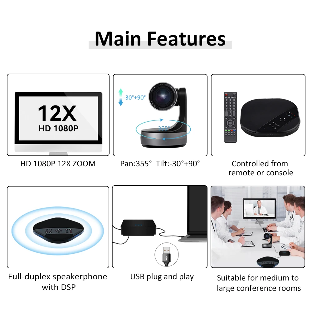 PTZ video conference kits with Mi 10x zoom HD camera BT Microphone for big size room hd