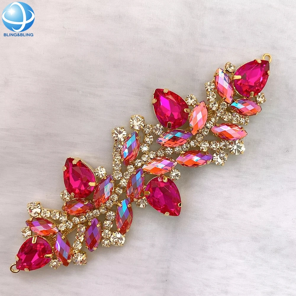 Custom Rose Red AB Color Rhinestone Crystal Rustproof Metal Bikini Connector For Women Swimwear Dress Shoulder Strap Waist Belt