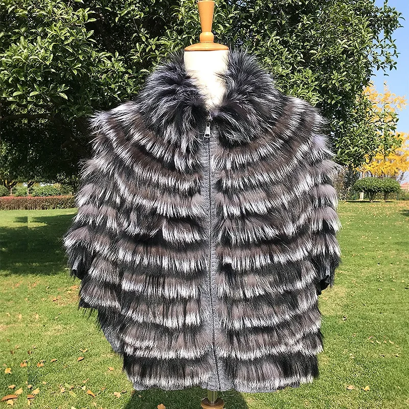 Woman Fashion England Style Thick Silver Fox Fur Poncho Bigger Size Real Fox Fur Shawl Capes