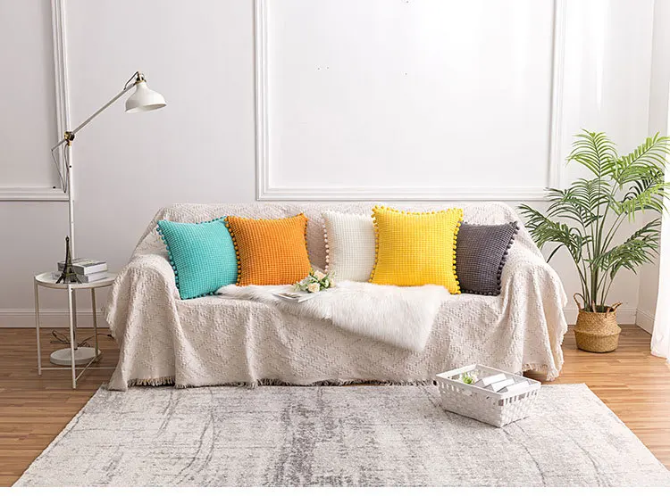 ins home fabric corn pom with ball living room sofa pillow cover modern solid color corduroy cushion pillow cover