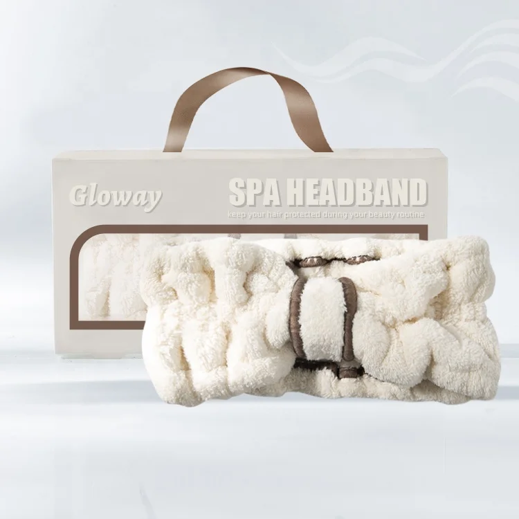 GLOWAY Skincare Gift Boxed Spa-Quality Wide Band Coral Fleece Hairband Customized Plush Facial Spa Bath Headband Fits Most Head
