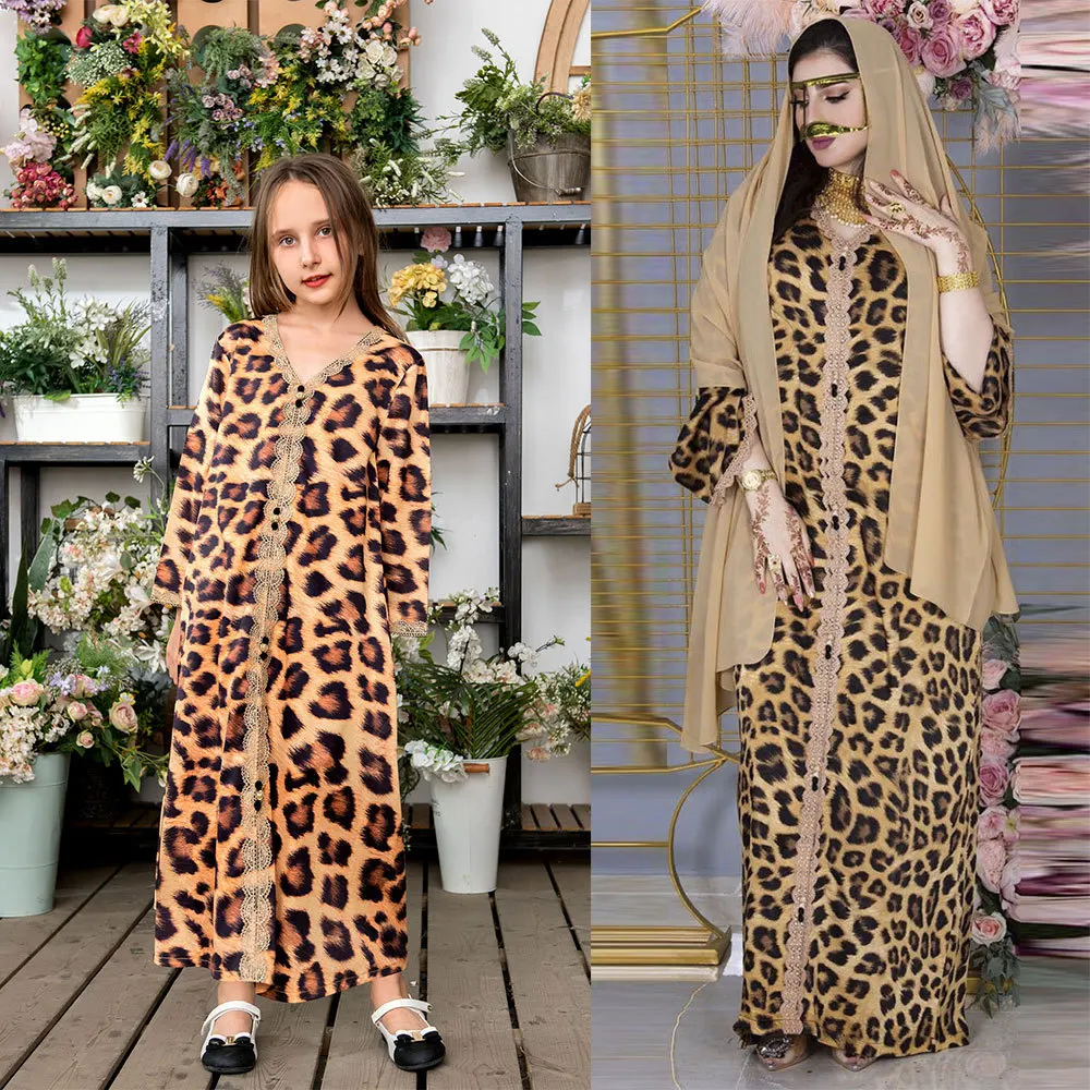 Western And Middle East OEM Customize Leopard Print Muslim Dress Jalabiya Mother-daughter Eid Al Fitr Modern Muslim Women Dress