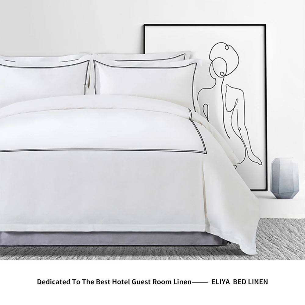 Hot Sale 400 TC White Embroidery Bedsheets 100% Cotton King Size Luxury Hotel Bedding