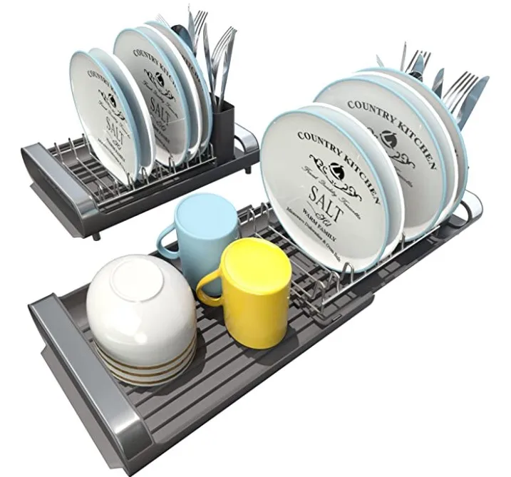 Dish Drying Rack Small Compact Extendable in Sink Plastic and Steel, Dish Racks Expandable Rustproof Dish Drainer Non-Slip Feet