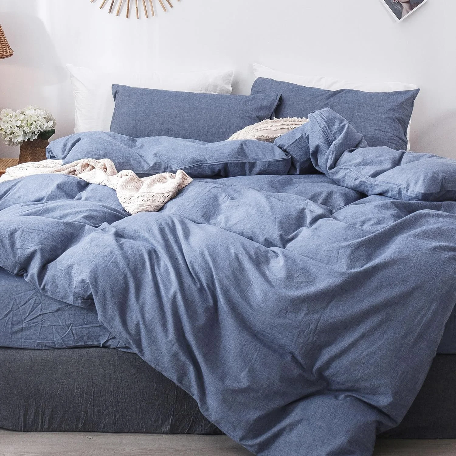 100% Washed Cotton Linen Like Textured Breathable Durable Soft Comfortable Bedding Duvet Cover Set For All Season