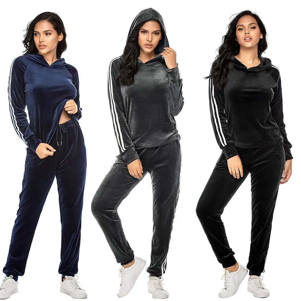 In Stock Custom sweatsuit Sweatpants Jogging Suits Hoodie Velour hoodie Hooded Tracksuit For Women