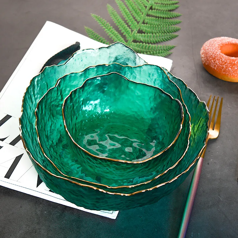 Nordic Wholesale Discount Custom Size Classic Irregular Glass Bowl Set Colored Glass Salad Bowl Glass Fruit Bowl