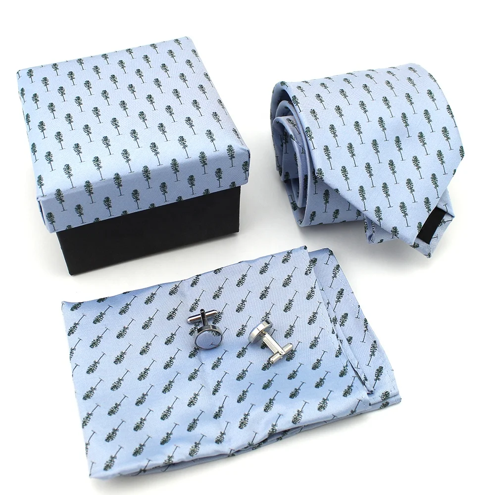 100% Silk Custom Woven Unique Sky Blue Green Tree Necktie Cufflinks Pocket Square Men Nice Gift Set Other Ties & Accessories