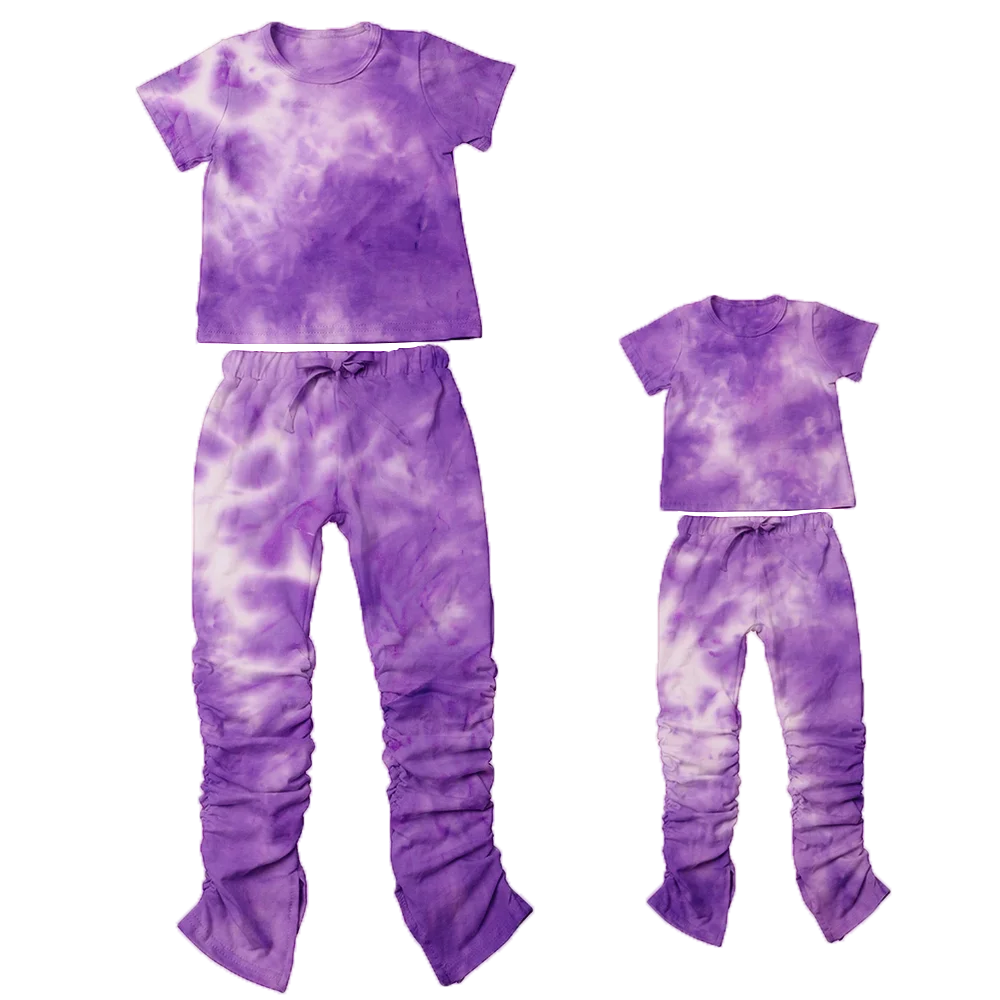 
2020 Hot Sale Fall Clothing for Women Tie Dye Baby Girls Sweatpants Set 2 pcs Kids Stacked Pants Mommy and Me Outfits 