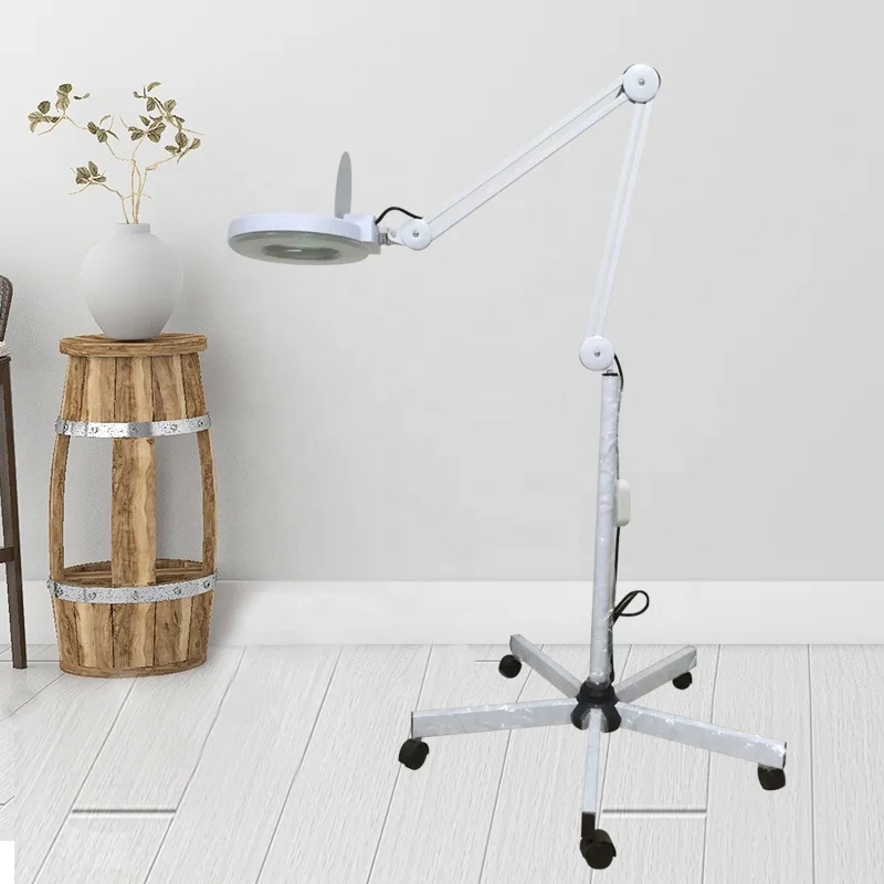 High End Beauty Salon Equipment Adjustable Five Legged Led Floor Stand Lamp Magnifying Glass Cold Light