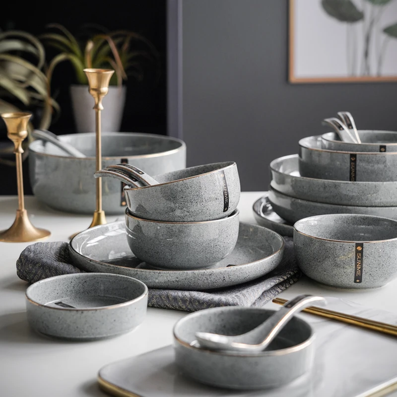 Hotel restaurant customized logo grey ceramic stoneware dinner set luxury plates sets dinnerware
