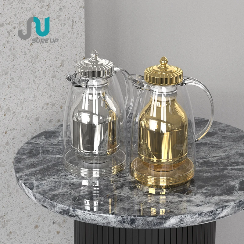 Promotional Unique Design Drinkware Arabic Transparent Tea Pot Vacuum Thermos Flask Golden Luxury Insulated Arabic Coffee Pot